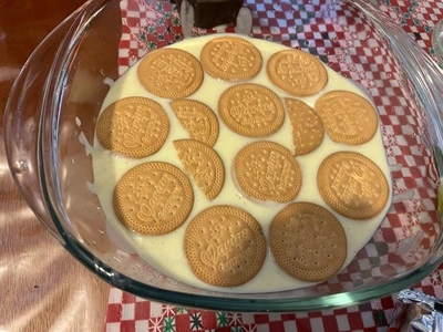 The bowl coated with wafers and pudding mix.