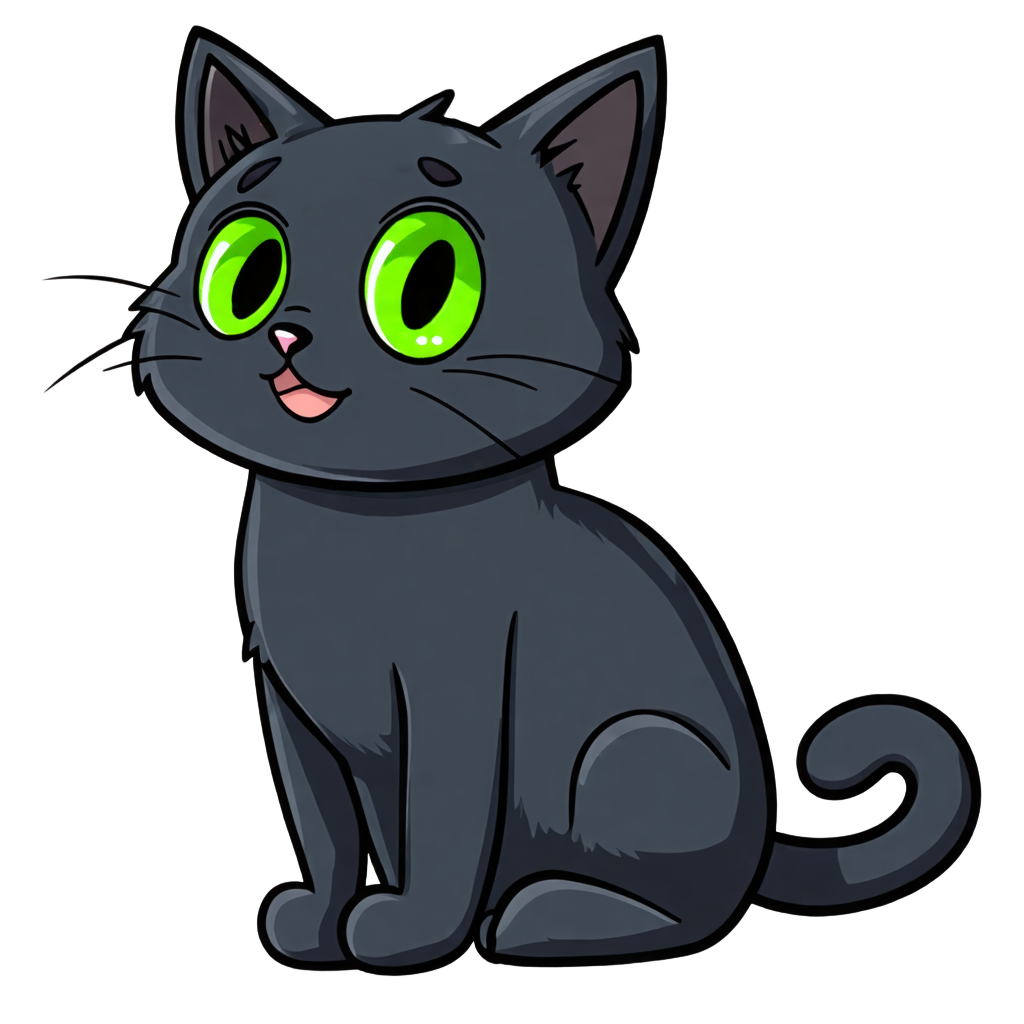 simple, cartoon, black cat, green eyes, smiling, black nose, pink mouth