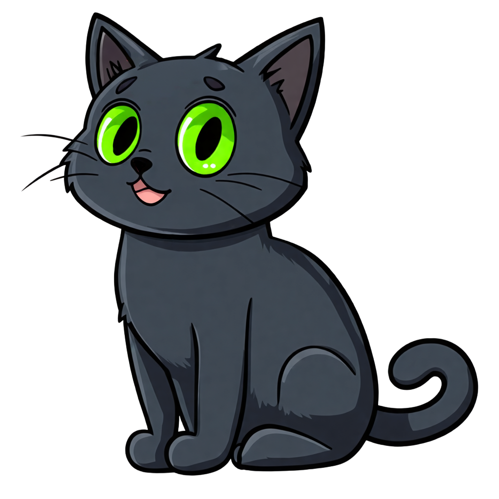simple, cartoon, black cat, green eyes, smiling, black nose, pink mouth