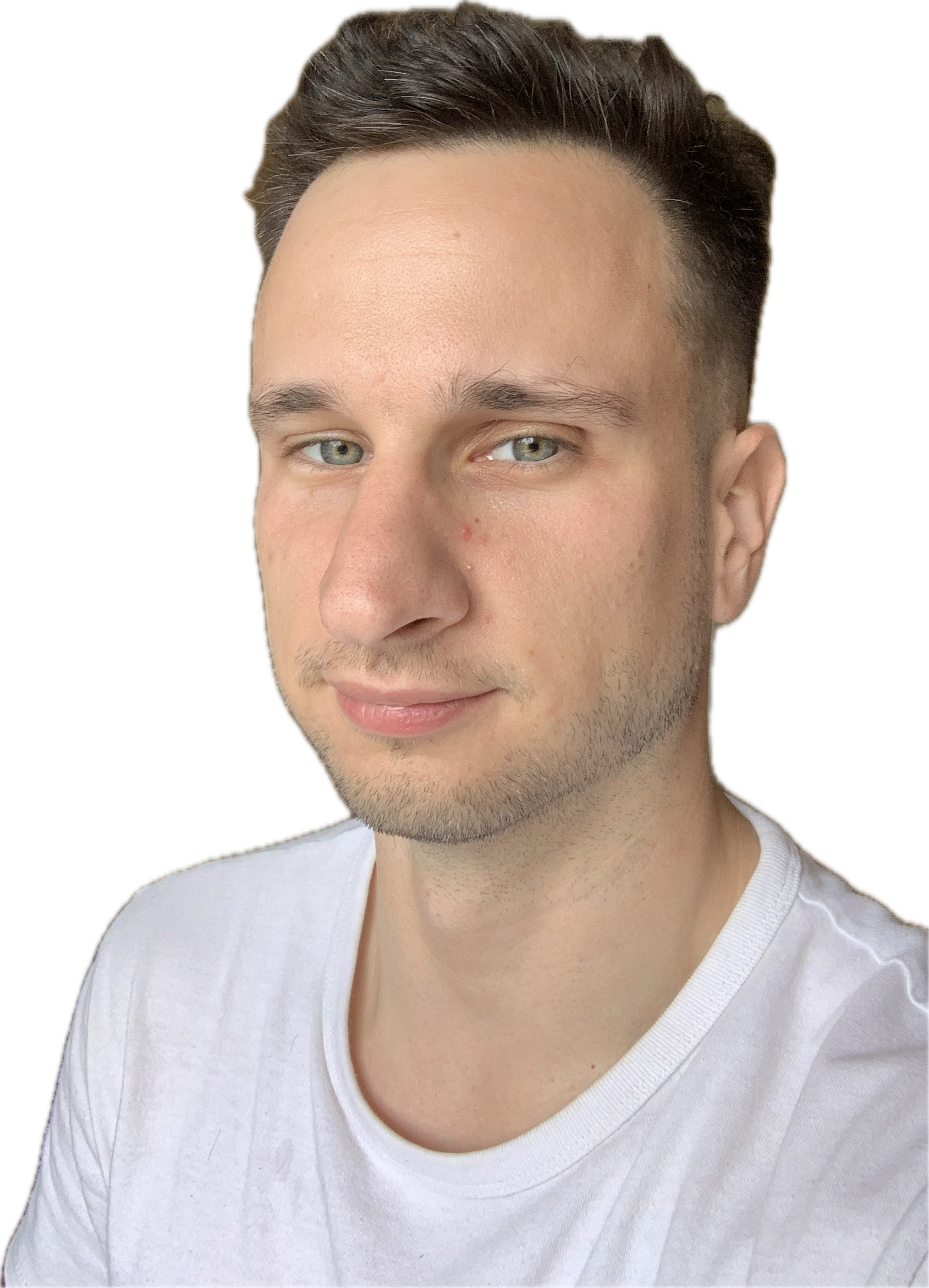 Close-up of the author's face, clean shaven, hazel eyes, wearing a white T-shirt.