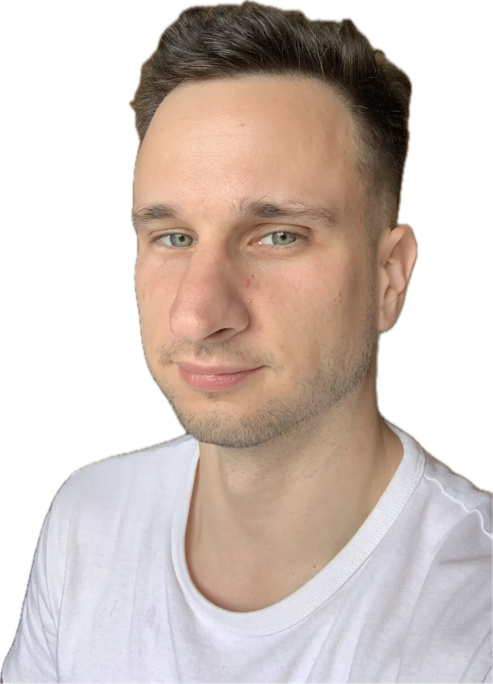 Close-up of the author's face, clean shaven, hazel eyes, wearing a white T-shirt, transparent background.