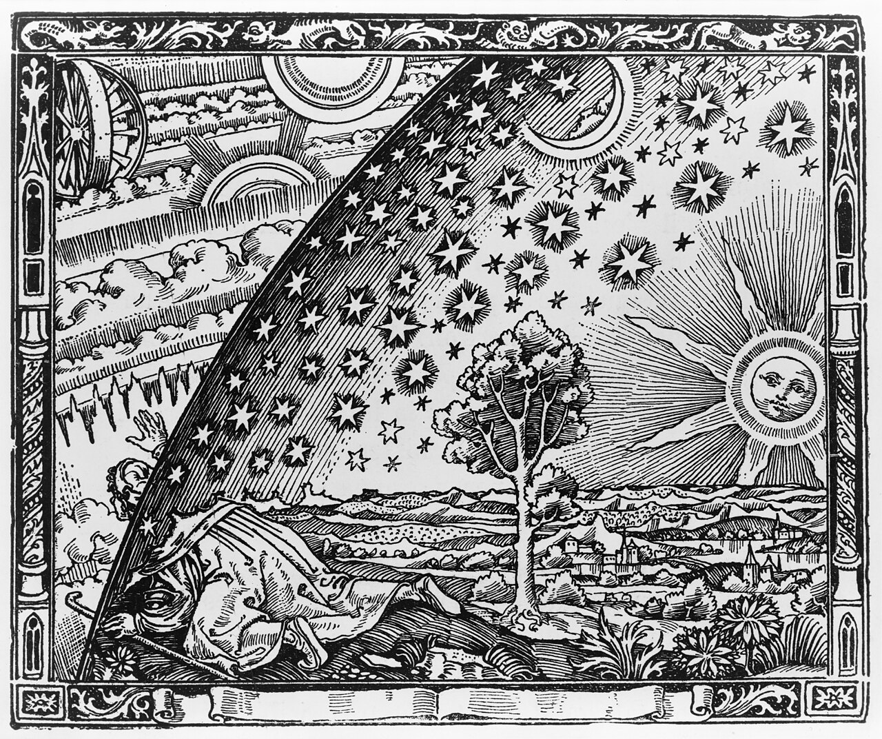 The image of an 1888 woodcut titled the Flammarion Engraving depicts a man, dressed as a pilgrim in a long robe and carrying a walking stick, who has reached a point where the flat Earth meets the firmament. The pilgrim kneels down and passes his head, shoulders, right arm, and the top of the walking stick through an opening in the firmament, which is depicted as covered on the inside by the stars, Sun, and Moon. Behind the sky, the pilgrim finds a marvelous realm of circling clouds, fires and suns. One of the elements of the cosmic machinery resembles traditional pictorial representations of the 'wheel in the middle of a wheel' described in the visions of the Hebrew prophet Ezekiel.